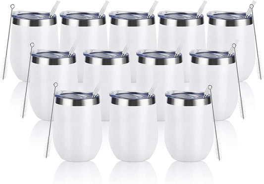 12-Pack Stainless Steel Double Wall Vacuum Insulated Wine Tumblers, 12oz with Lids and Straws - Stemless Glasses for Coffee, Wine, Cocktails, Champagne, and More