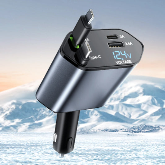 120W Fast Charging 4-in-1 Vehicle Charger with Retractable Cable and Dual USB Ports, Compatible with All Vehicles and Dual Type-C