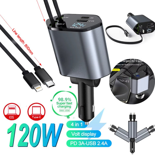 120W 4-in-1 Retractable Car Charger with USB-C Cable for iPhone, Huawei, and Samsung - Fast Charging Cord with Cigarette Lighter Adapter, PD and QC 3.0 Compatible